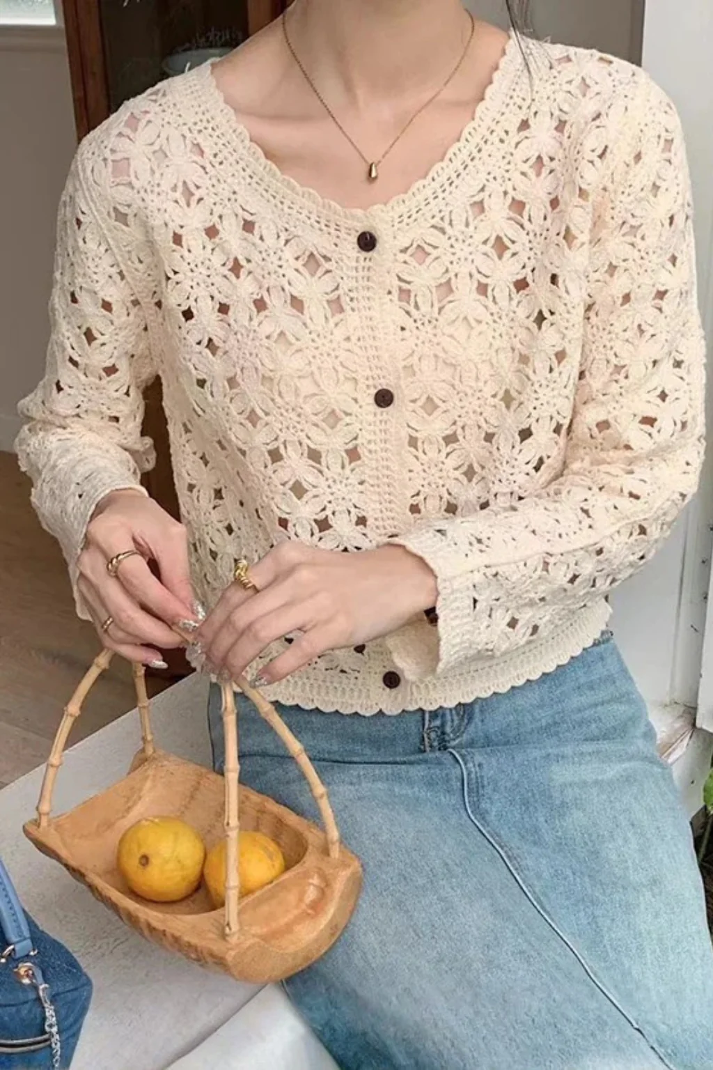 Agatha | Women Cropped Crochet Cardigan with Floral Detail - Image 3