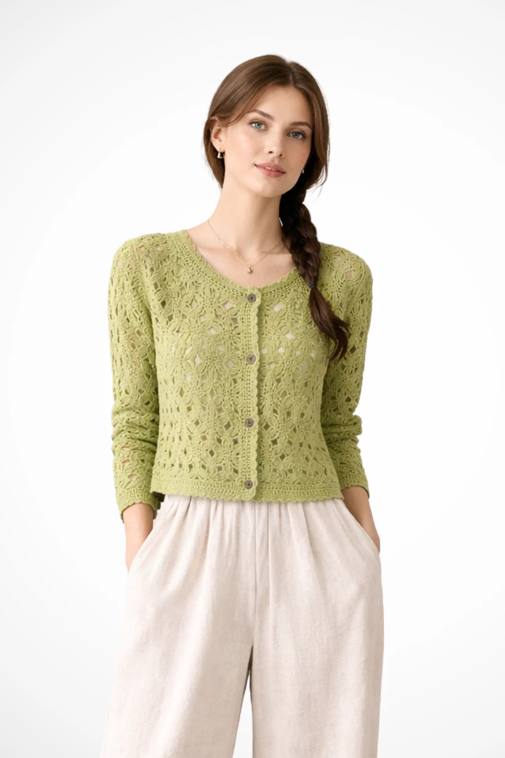 Agatha | Women Cropped Crochet Cardigan with Floral Detail - Image 4