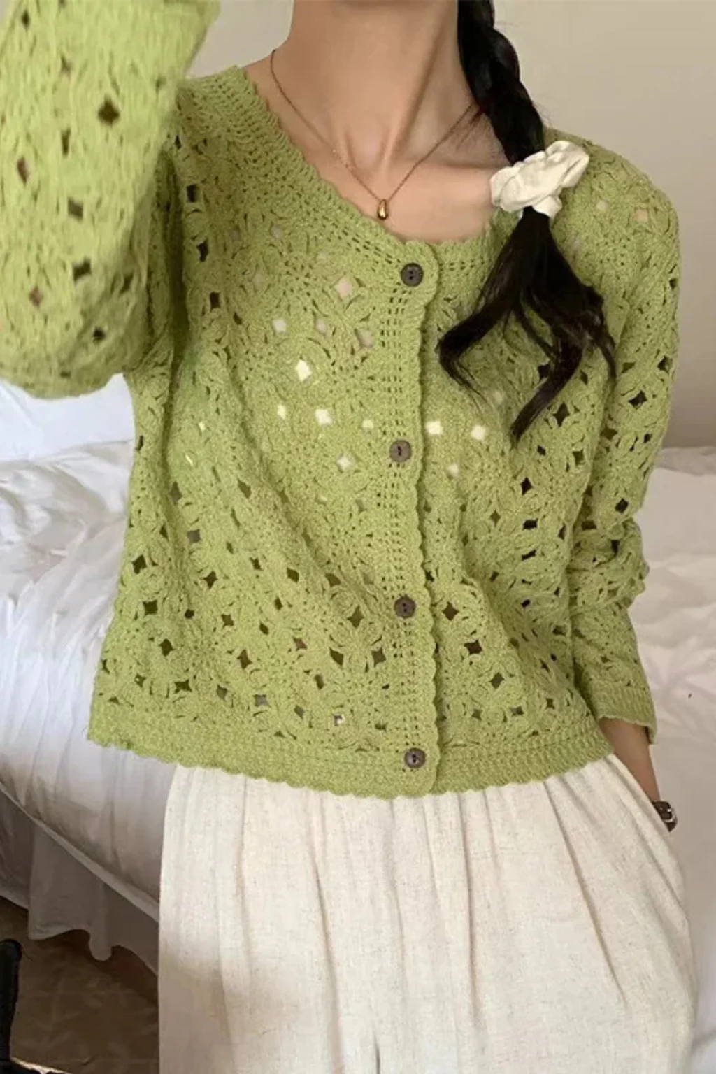 Agatha | Women Cropped Crochet Cardigan with Floral Detail - Image 5