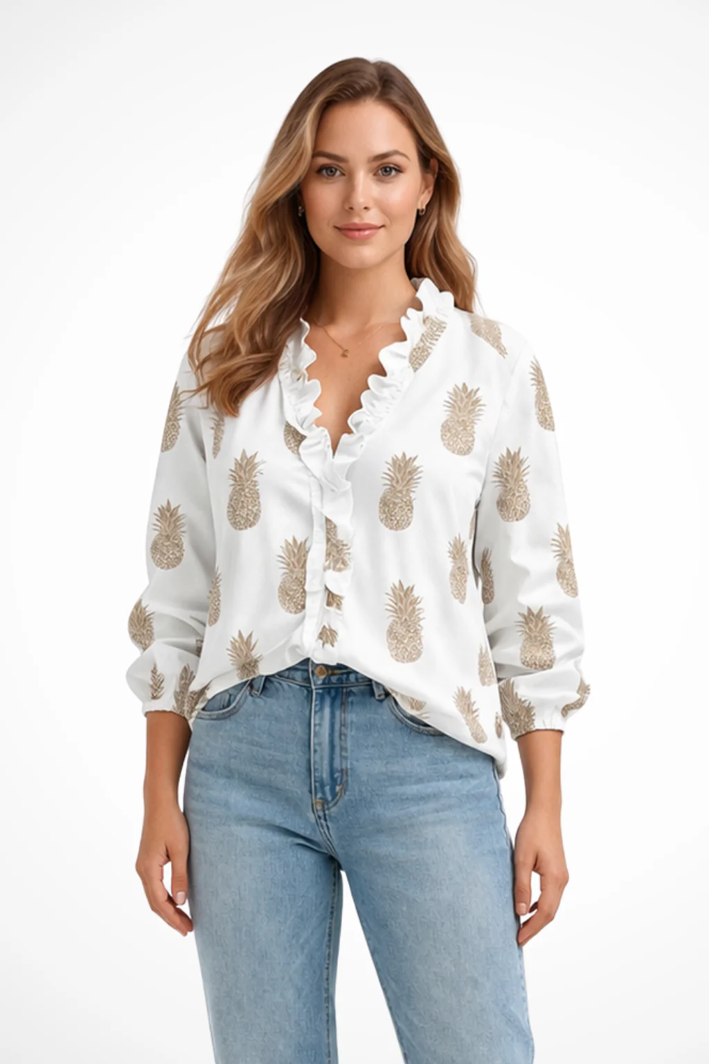 Arabella | Women Ruffle Trim V Neck Long Sleeve Blouse - Image 8