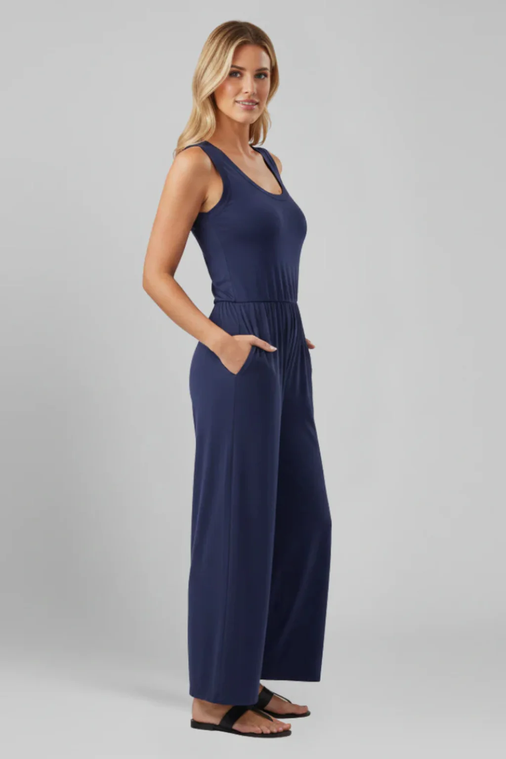 Blythe | Women Sleeveless Round Neck Wide Leg Jumpsuit with Pockets - Image 3