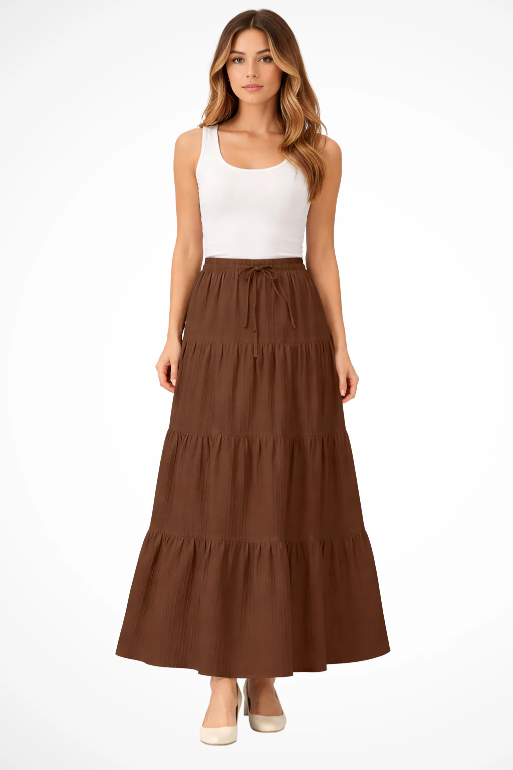 Bonnie | Women Elasticated Drawstring Waist Tiered Boho Maxi Skirt - Image 13