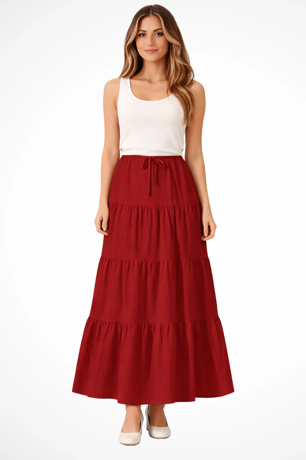 Bonnie | Women Elasticated Drawstring Waist Tiered Boho Maxi Skirt - Image 3