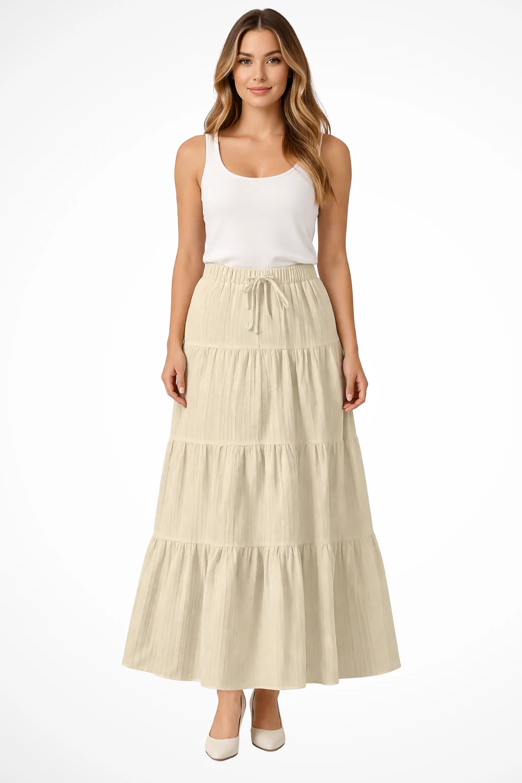 Bonnie | Women Elasticated Drawstring Waist Tiered Boho Maxi Skirt - Image 7