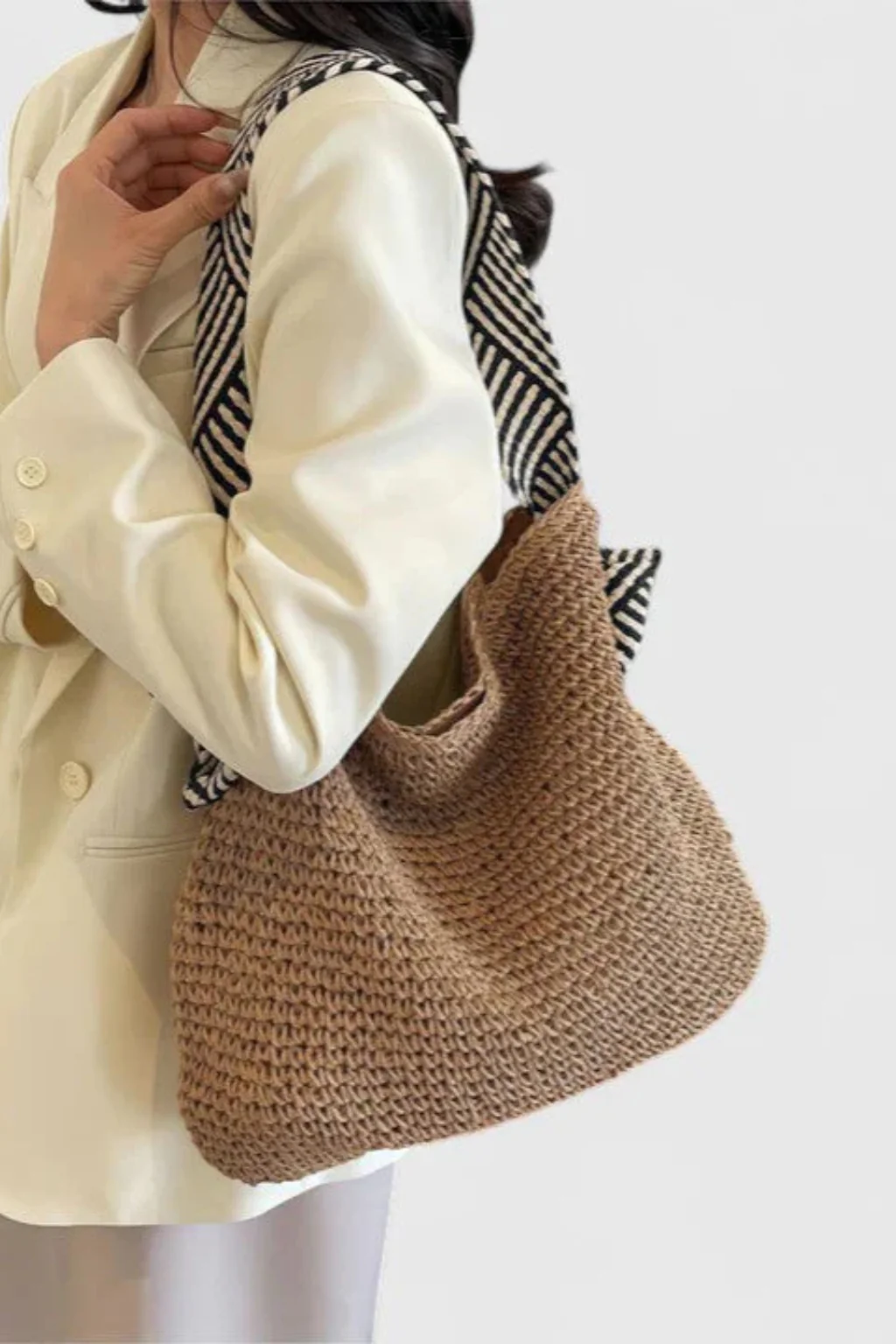 Briar | Women Woven Straw Contrast Strap Shoulder Tote Bag - Image 3