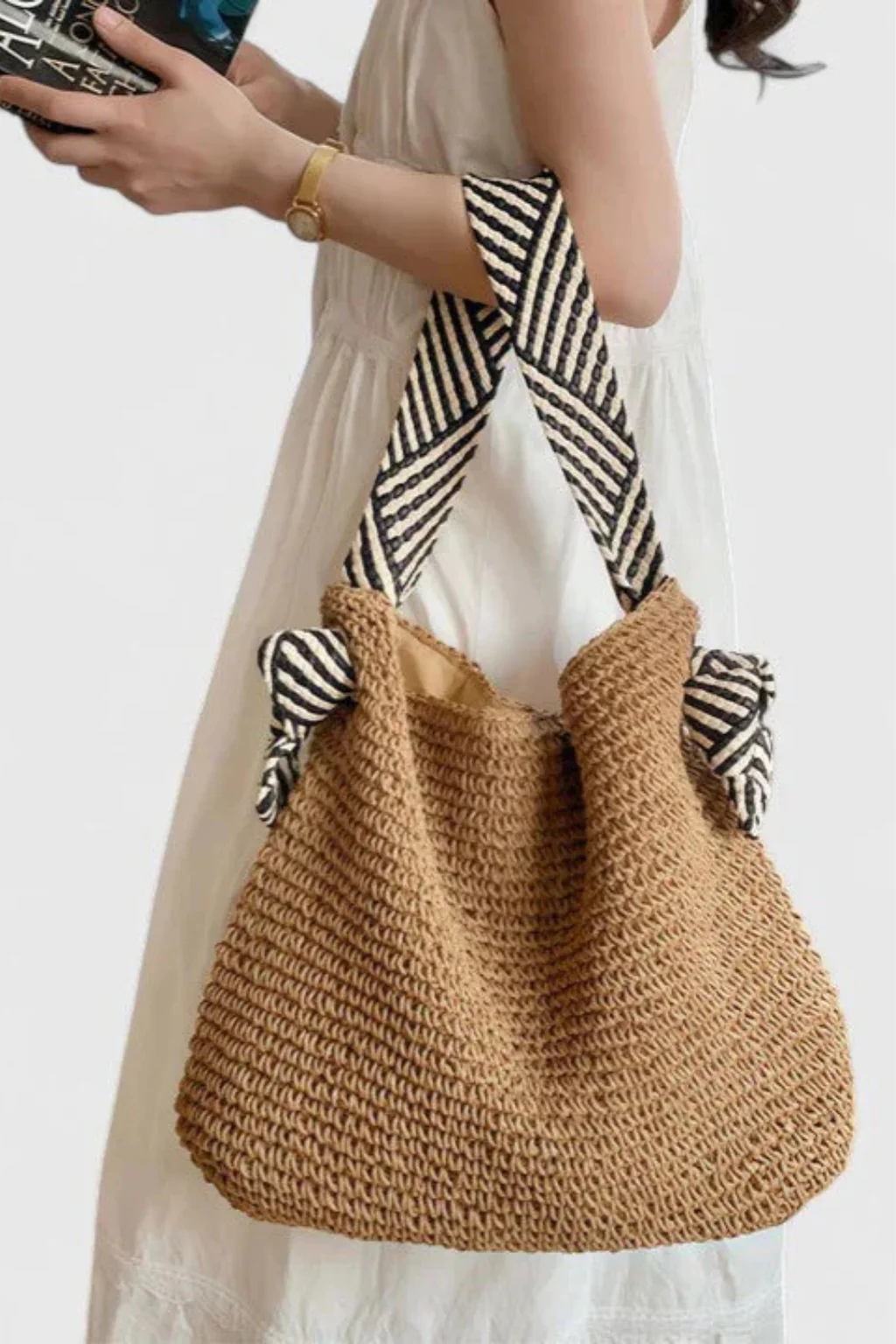 Briar | Women Woven Straw Contrast Strap Shoulder Tote Bag - Image 6