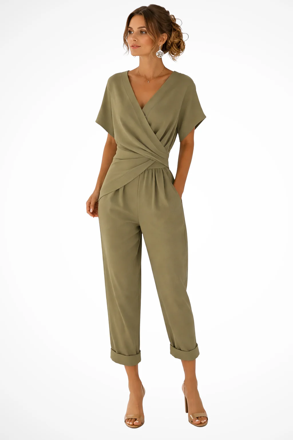 Celeste | Women Wrap Front Short Sleeve Cropped Jumpsuit with Pockets - Image 3