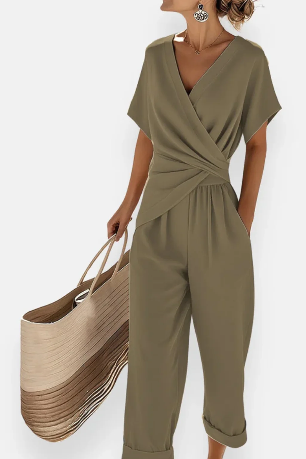 Celeste | Women Wrap Front Short Sleeve Cropped Jumpsuit with Pockets - Image 4