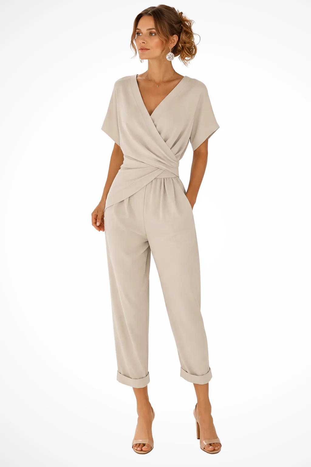 Celeste | Women Wrap Front Short Sleeve Cropped Jumpsuit with Pockets - Image 5