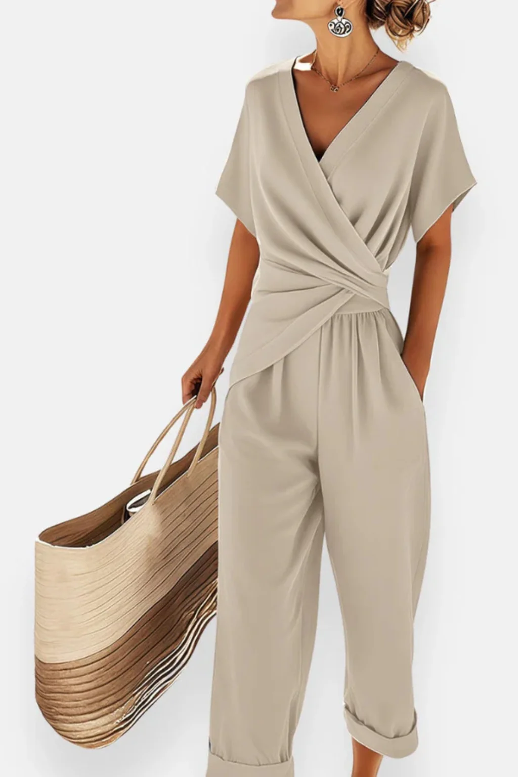 Celeste | Women Wrap Front Short Sleeve Cropped Jumpsuit with Pockets - Image 6
