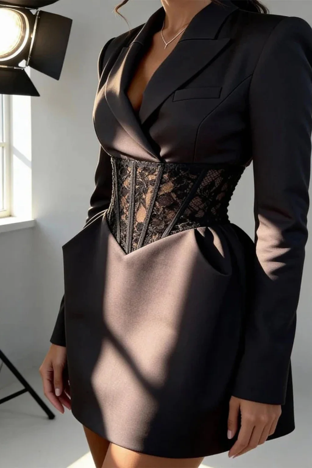 Clover | Women V Neck Long Sleeve Lace Corset Waist Blazer Mini Dress - Image 3