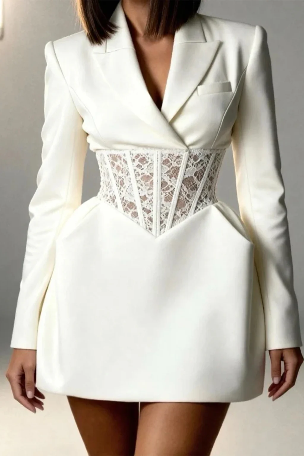 Clover | Women V Neck Long Sleeve Lace Corset Waist Blazer Mini Dress - Image 5