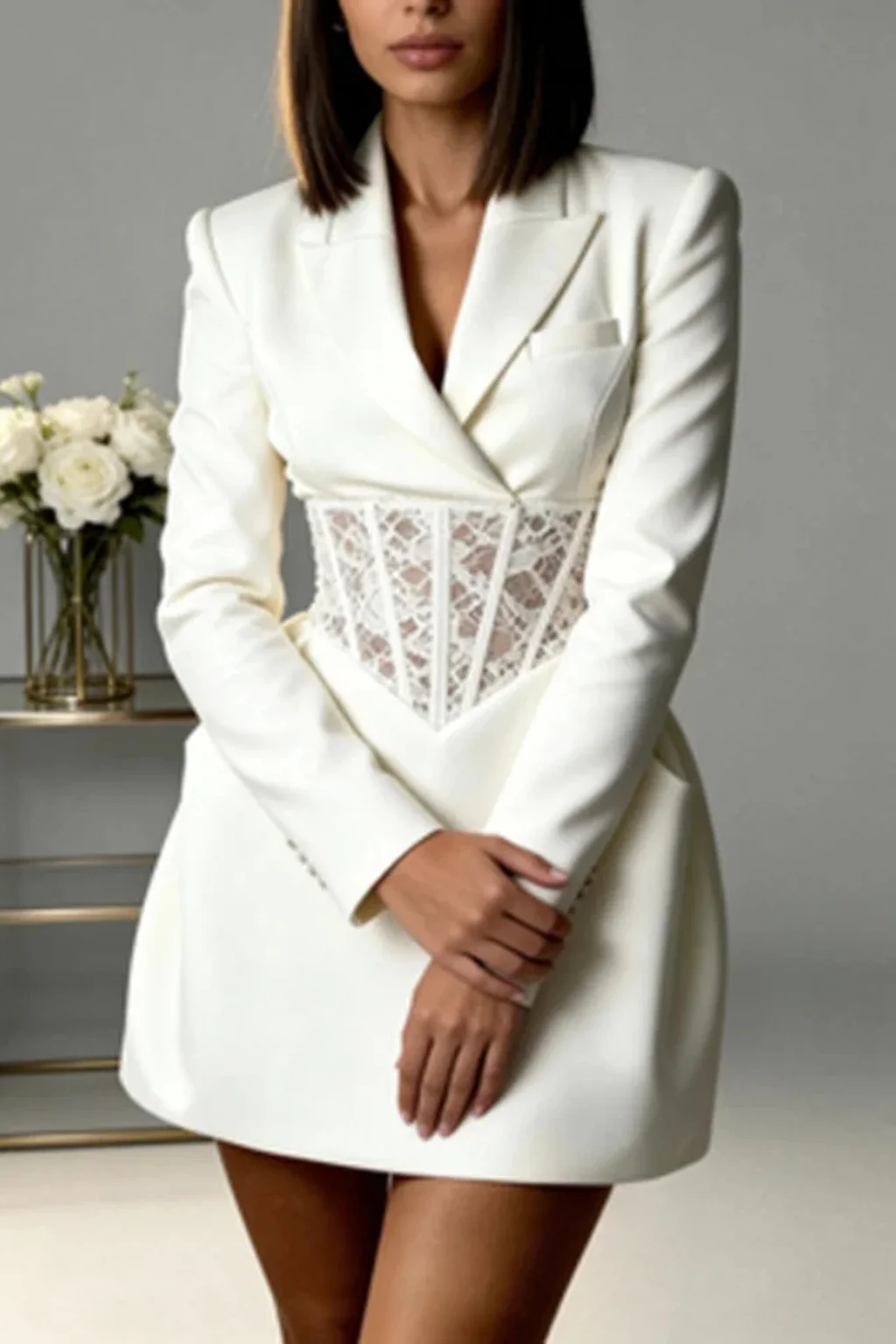 Clover | Women V Neck Long Sleeve Lace Corset Waist Blazer Mini Dress - Image 8