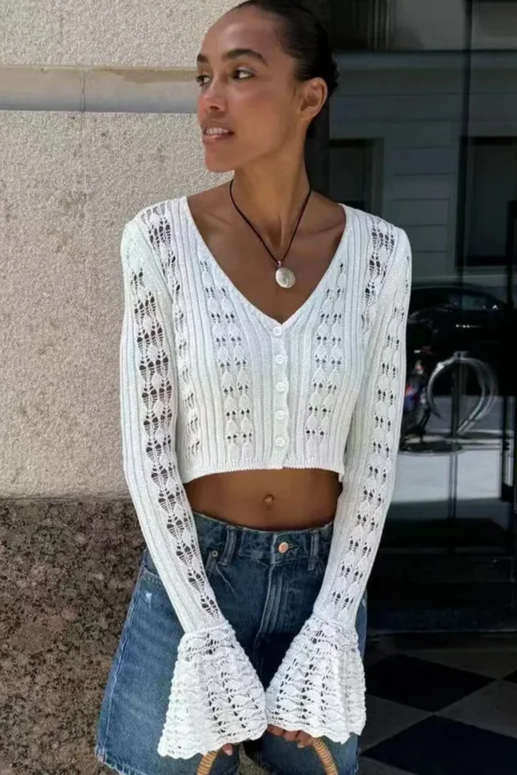 Daphne | Women Crochet Cardigan with Bell Sleeve Detail - Image 7