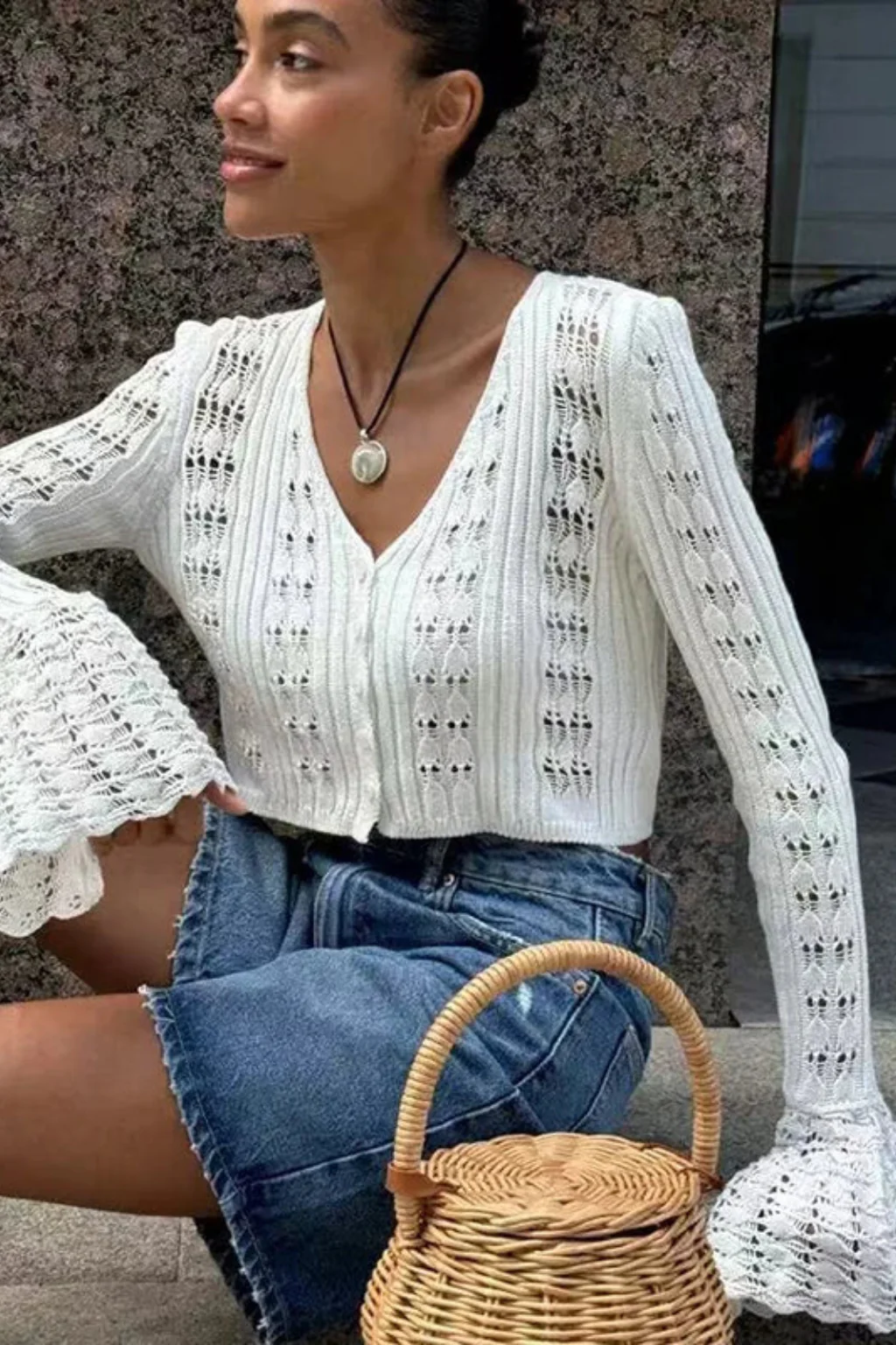 Daphne | Women Crochet Cardigan with Bell Sleeve Detail - Image 8