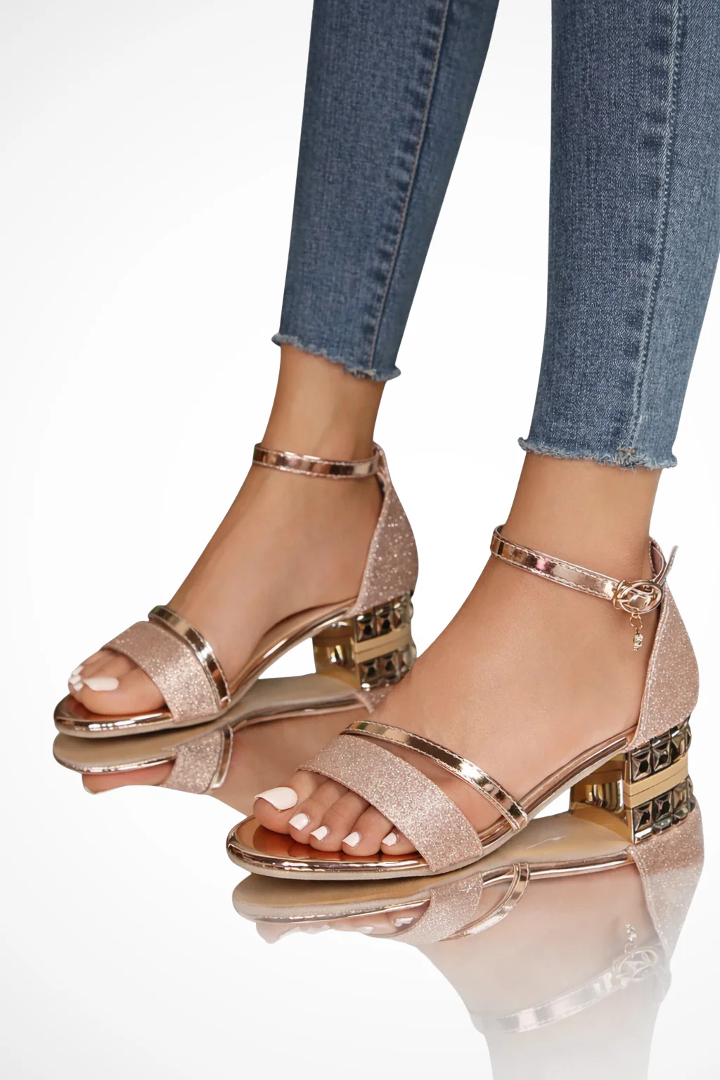 Delphine | Women Glitter Double Strap Ankle Strap Low Block Heel Sandals - Image 5