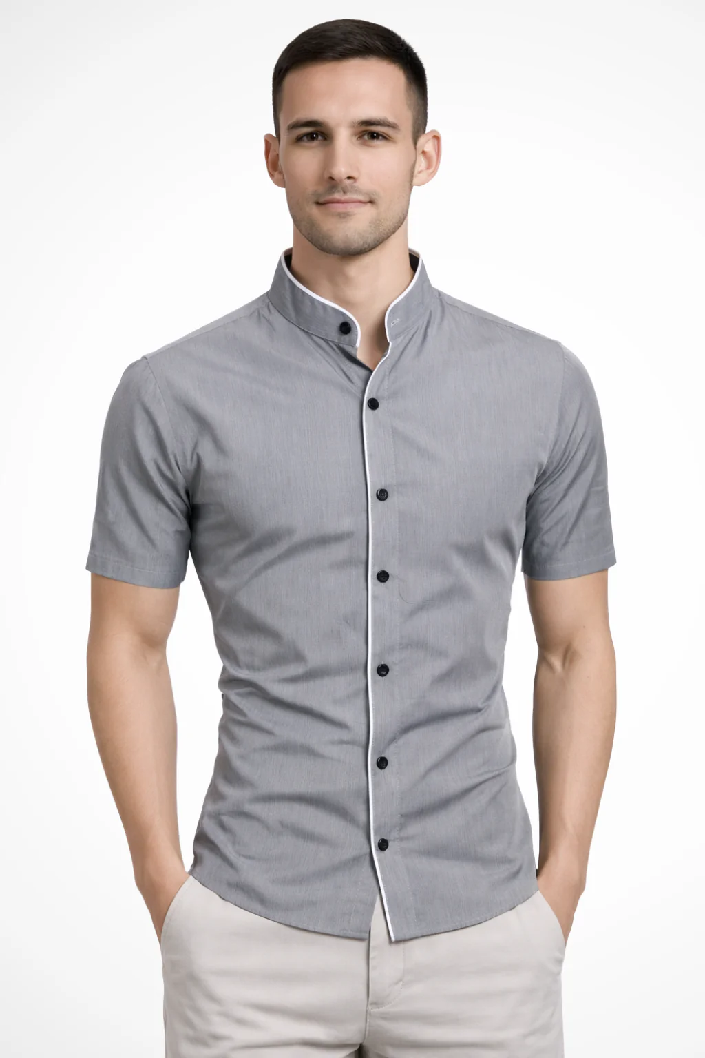 Finlay | Men Buttoned Slim Fit Short Sleeve Shirt with Stand Collar - Image 3