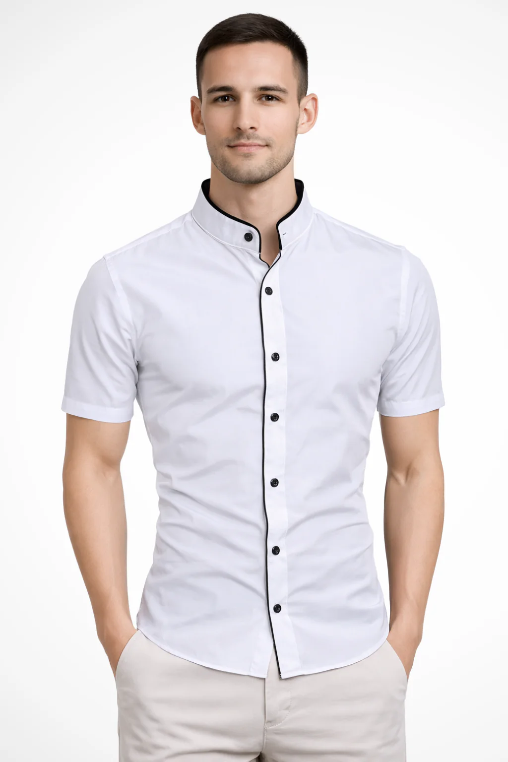 Finlay | Men Buttoned Slim Fit Short Sleeve Shirt with Stand Collar - Image 6