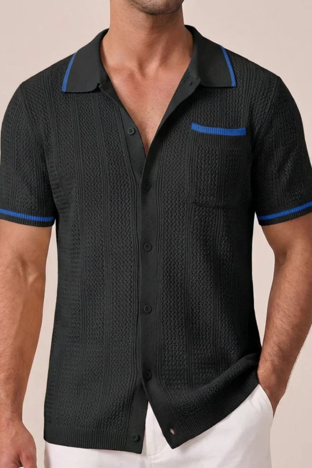 Finlay | Men Short Sleeve Camp Collar Button Front Openwork Knit Shirt with Contrast Trim - Image 10