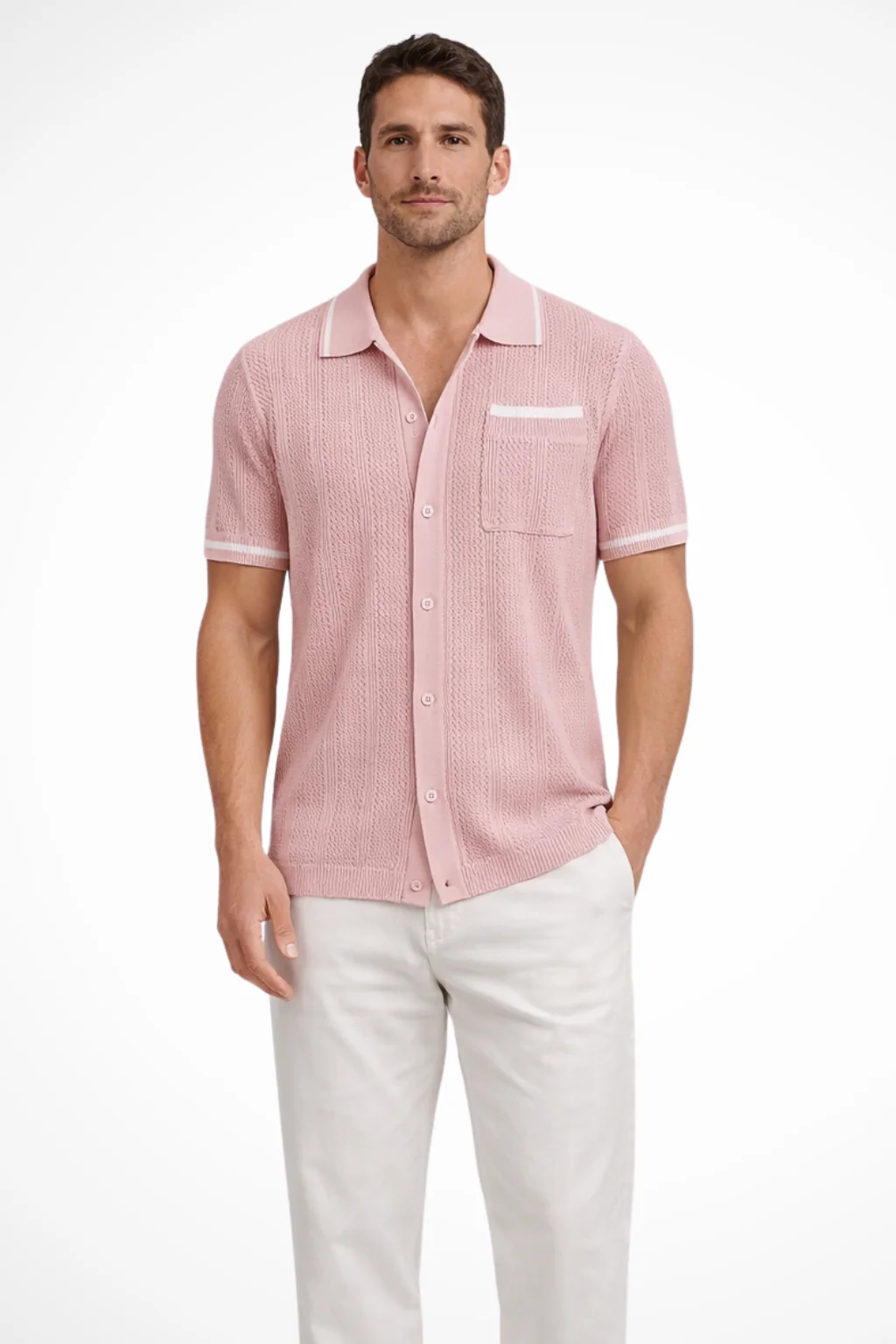 Finlay | Men Short Sleeve Camp Collar Button Front Openwork Knit Shirt with Contrast Trim - Image 3