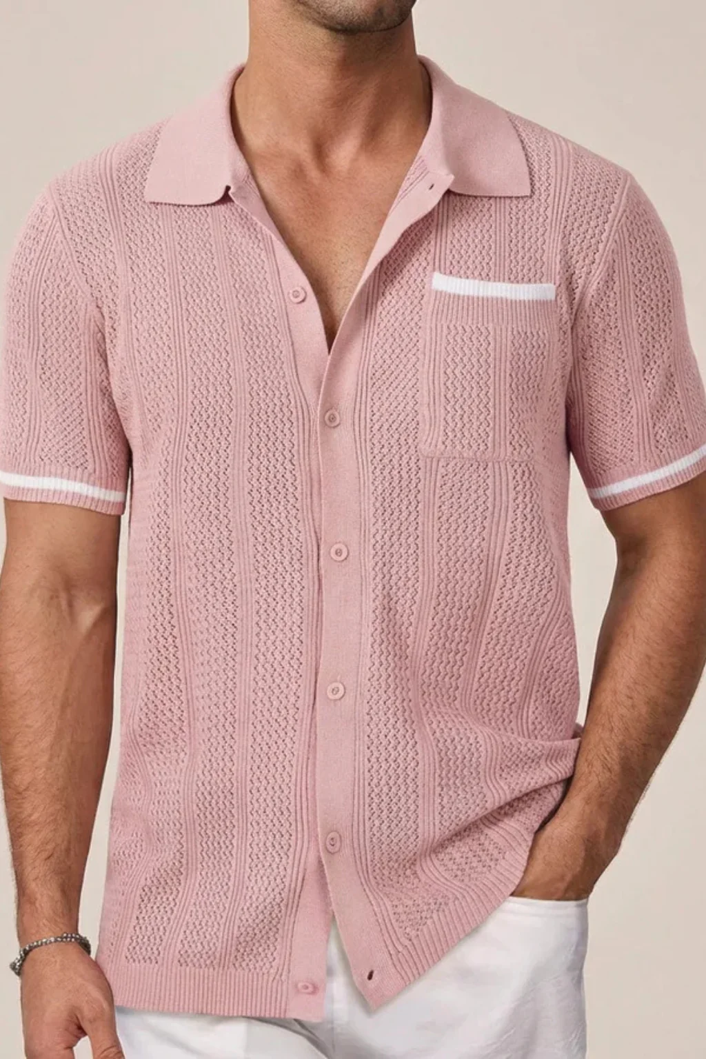 Finlay | Men Short Sleeve Camp Collar Button Front Openwork Knit Shirt with Contrast Trim - Image 4