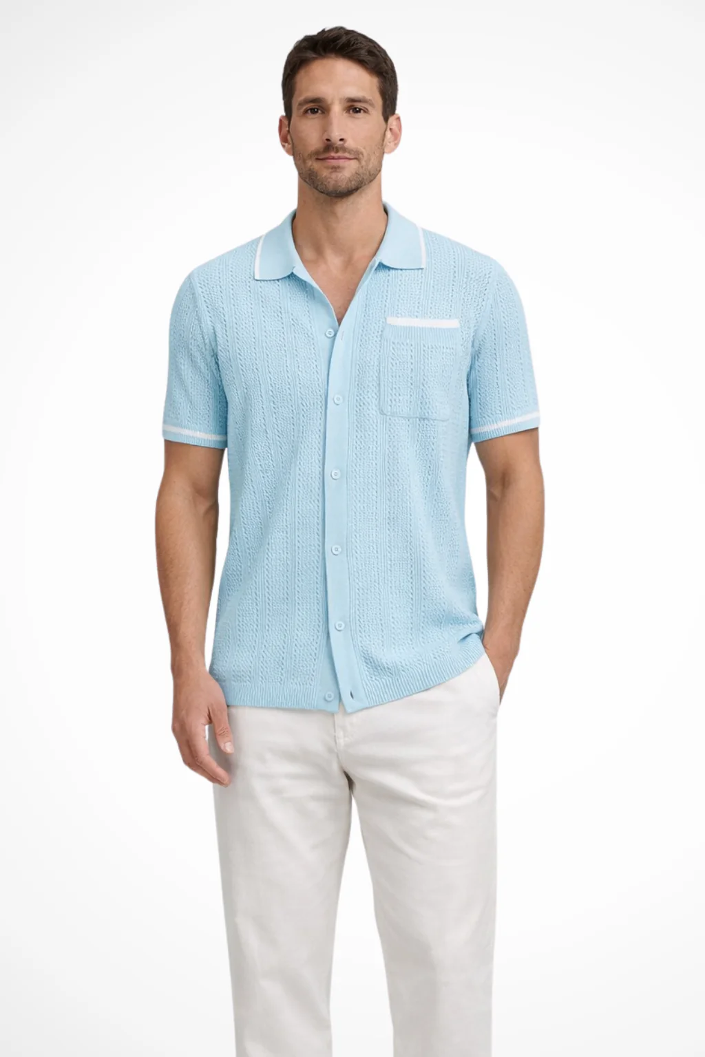 Finlay | Men Short Sleeve Camp Collar Button Front Openwork Knit Shirt with Contrast Trim - Image 5