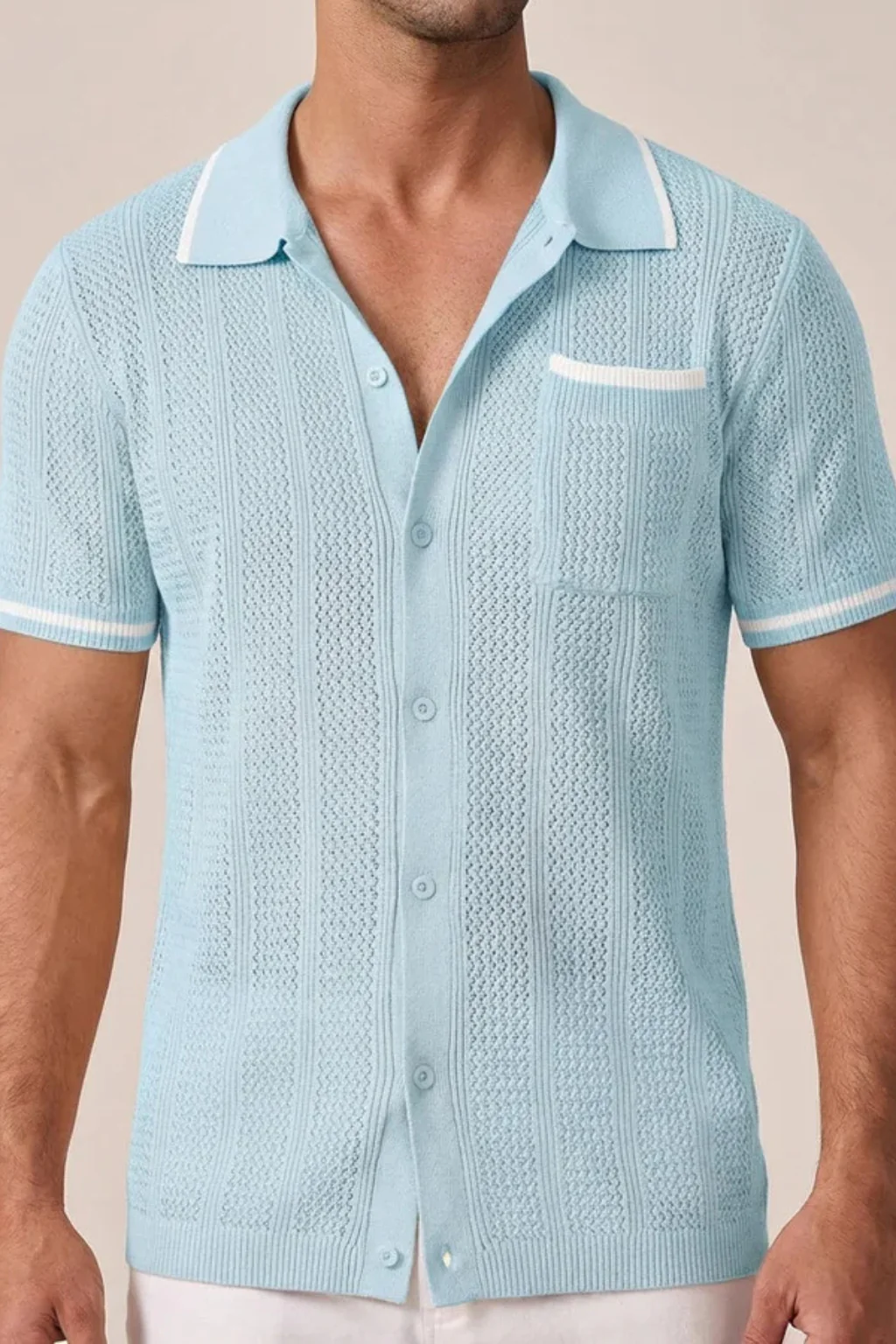 Finlay | Men Short Sleeve Camp Collar Button Front Openwork Knit Shirt with Contrast Trim - Image 6