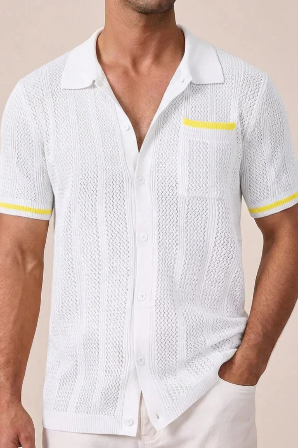 Finlay | Men Short Sleeve Camp Collar Button Front Openwork Knit Shirt with Contrast Trim - Image 8