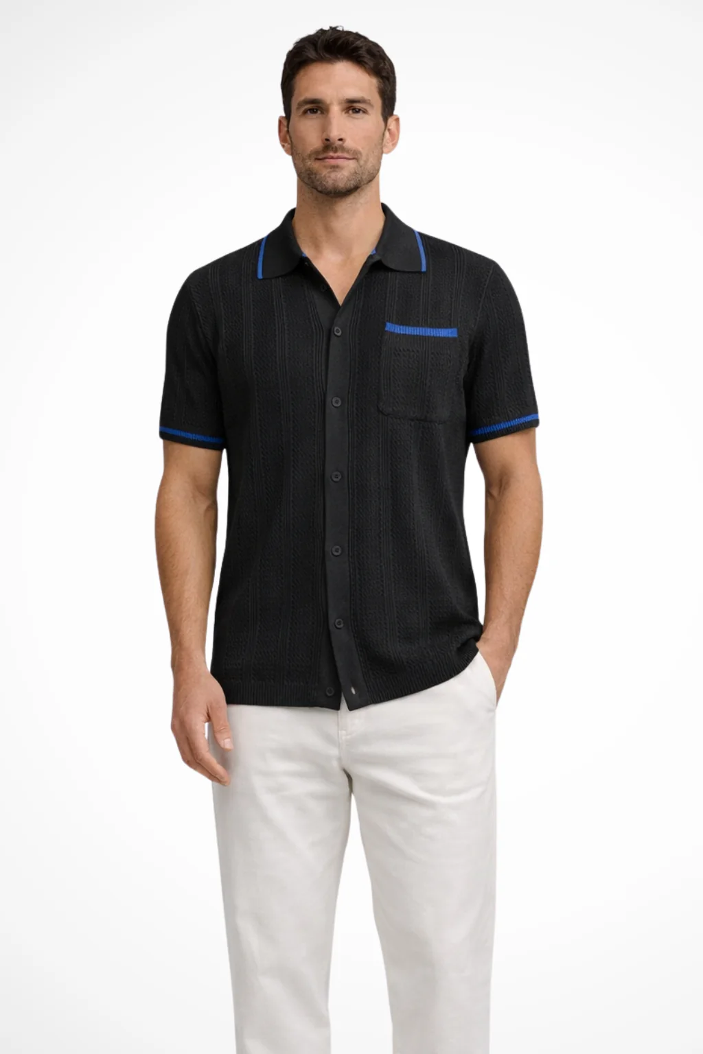 Finlay | Men Short Sleeve Camp Collar Button Front Openwork Knit Shirt with Contrast Trim - Image 9
