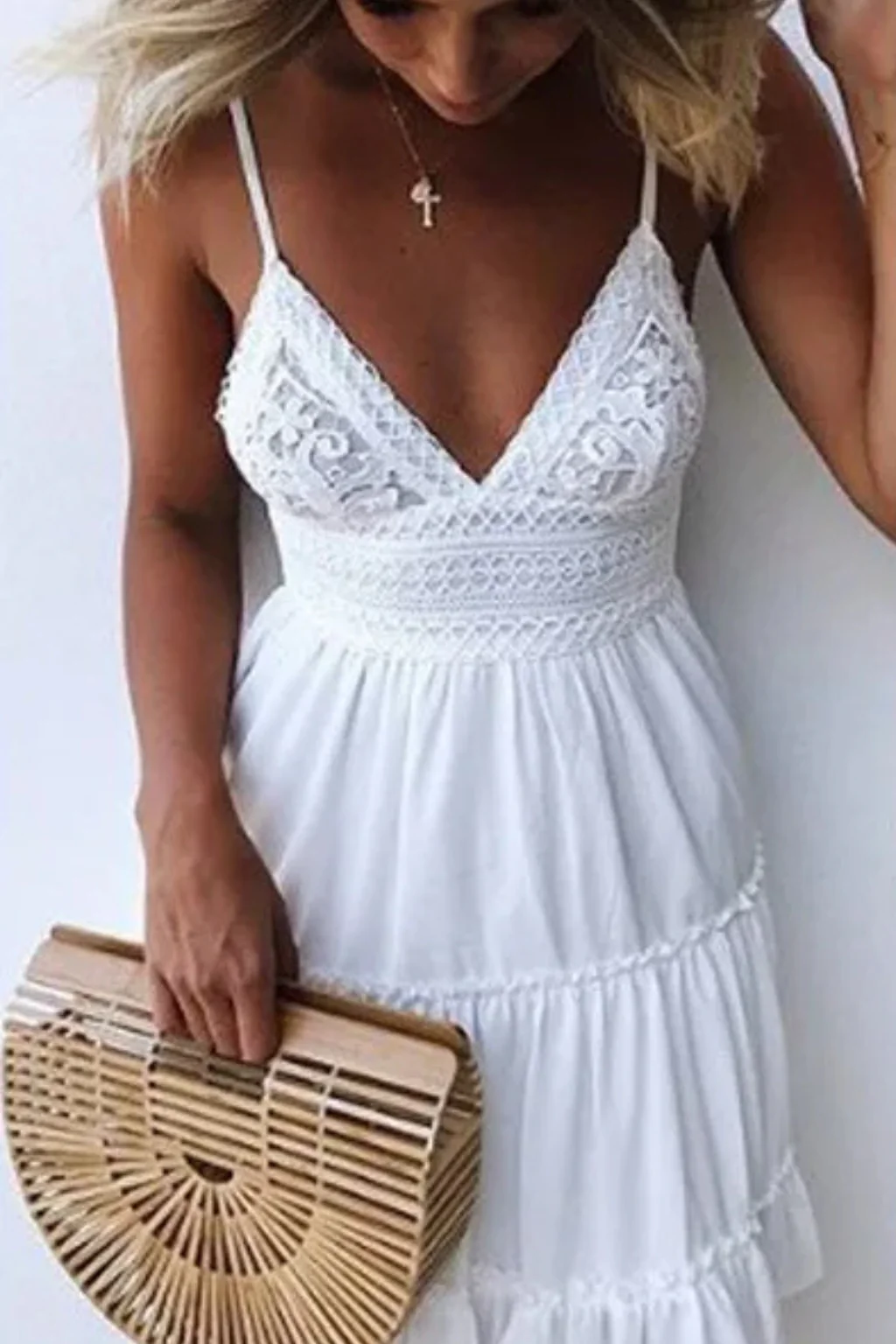 Freja | Women’s White Lace Summer Midi Dress with Spaghetti Straps & Open Back - Image 11