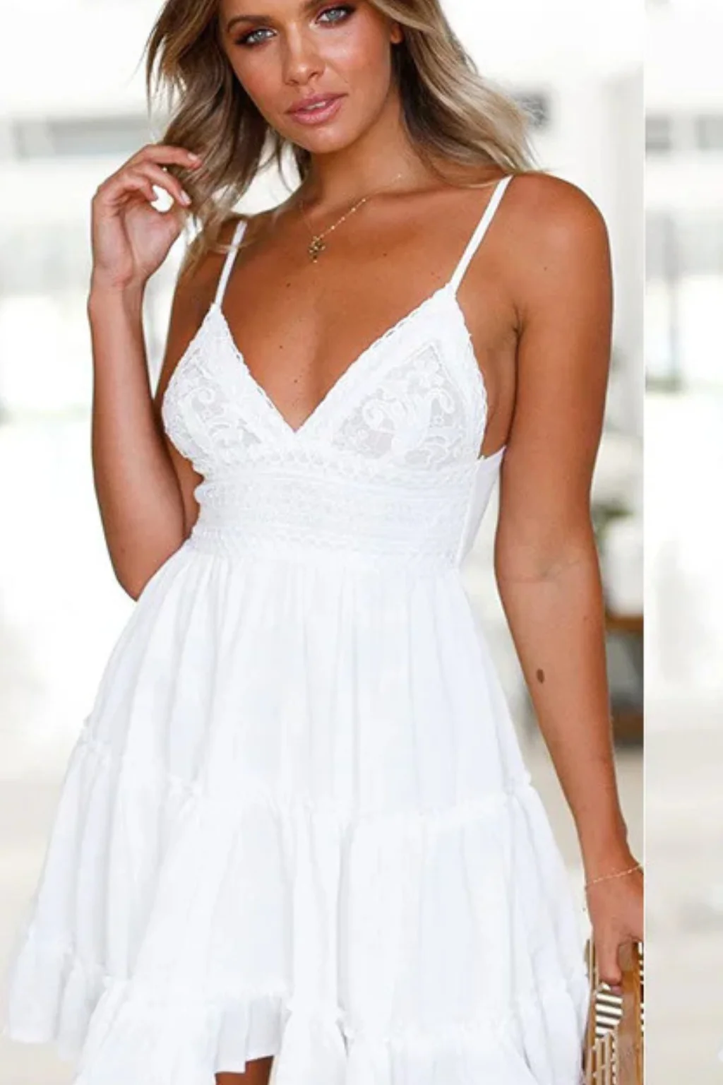 Freja | Women’s White Lace Summer Midi Dress with Spaghetti Straps & Open Back - Image 9