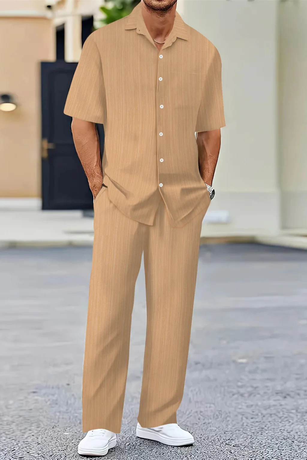 George | Men Textured Short Sleeve Shirt and Straight Leg Trousers Summer Set - Image 10