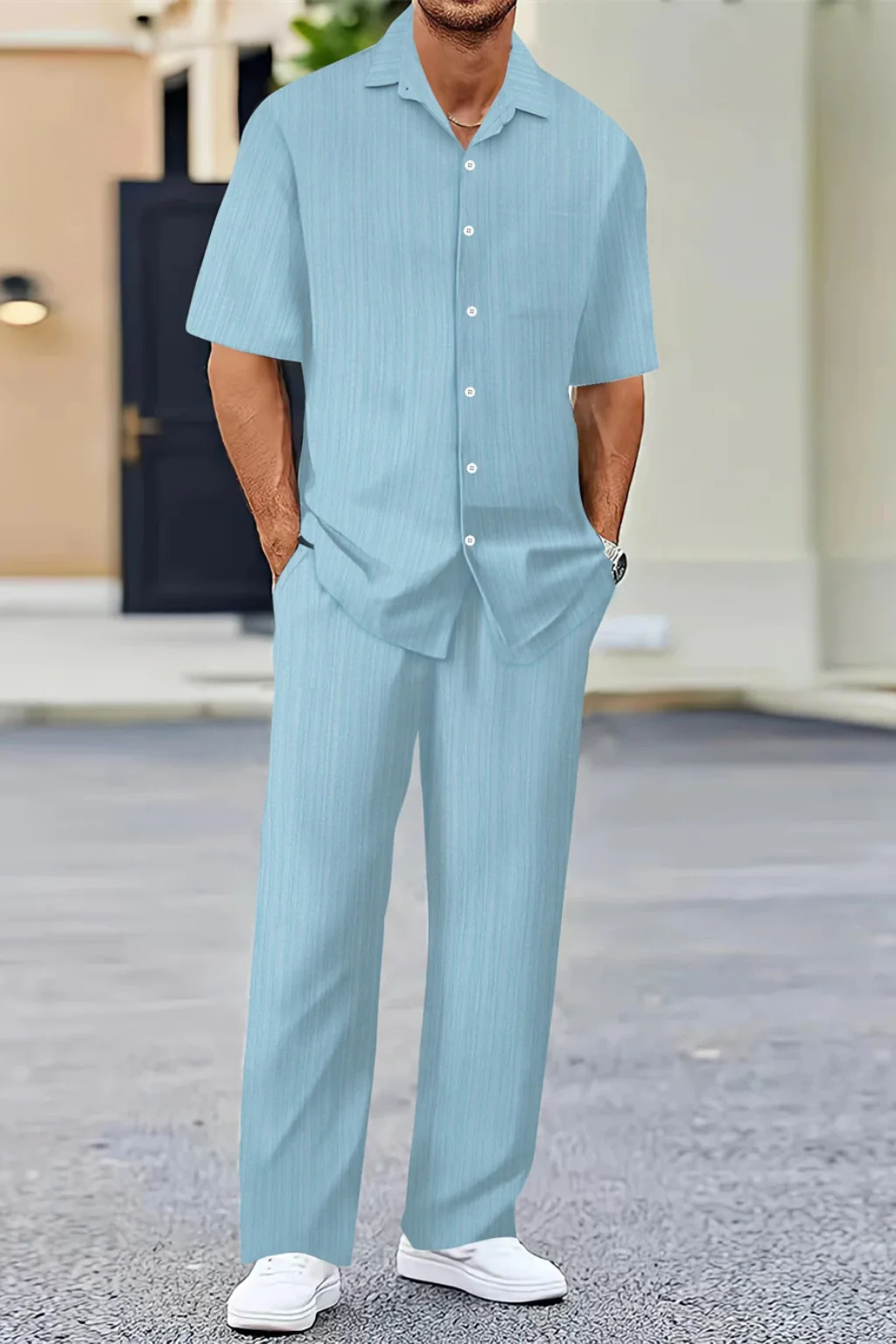 George | Men Textured Short Sleeve Shirt and Straight Leg Trousers Summer Set - Image 12
