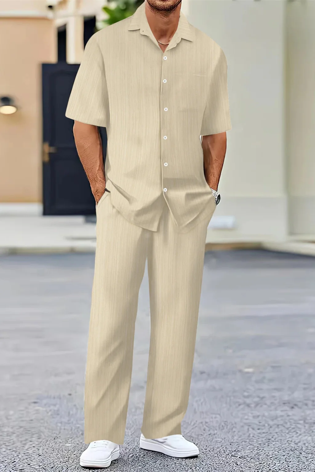 George | Men Textured Short Sleeve Shirt and Straight Leg Trousers Summer Set - Image 14