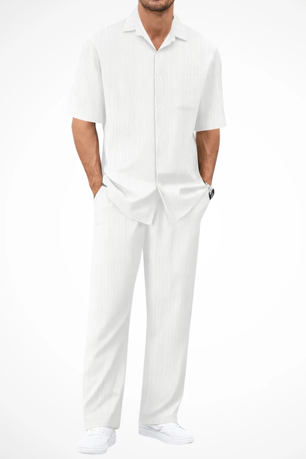 George | Men Textured Short Sleeve Shirt and Straight Leg Trousers Summer Set - Image 3