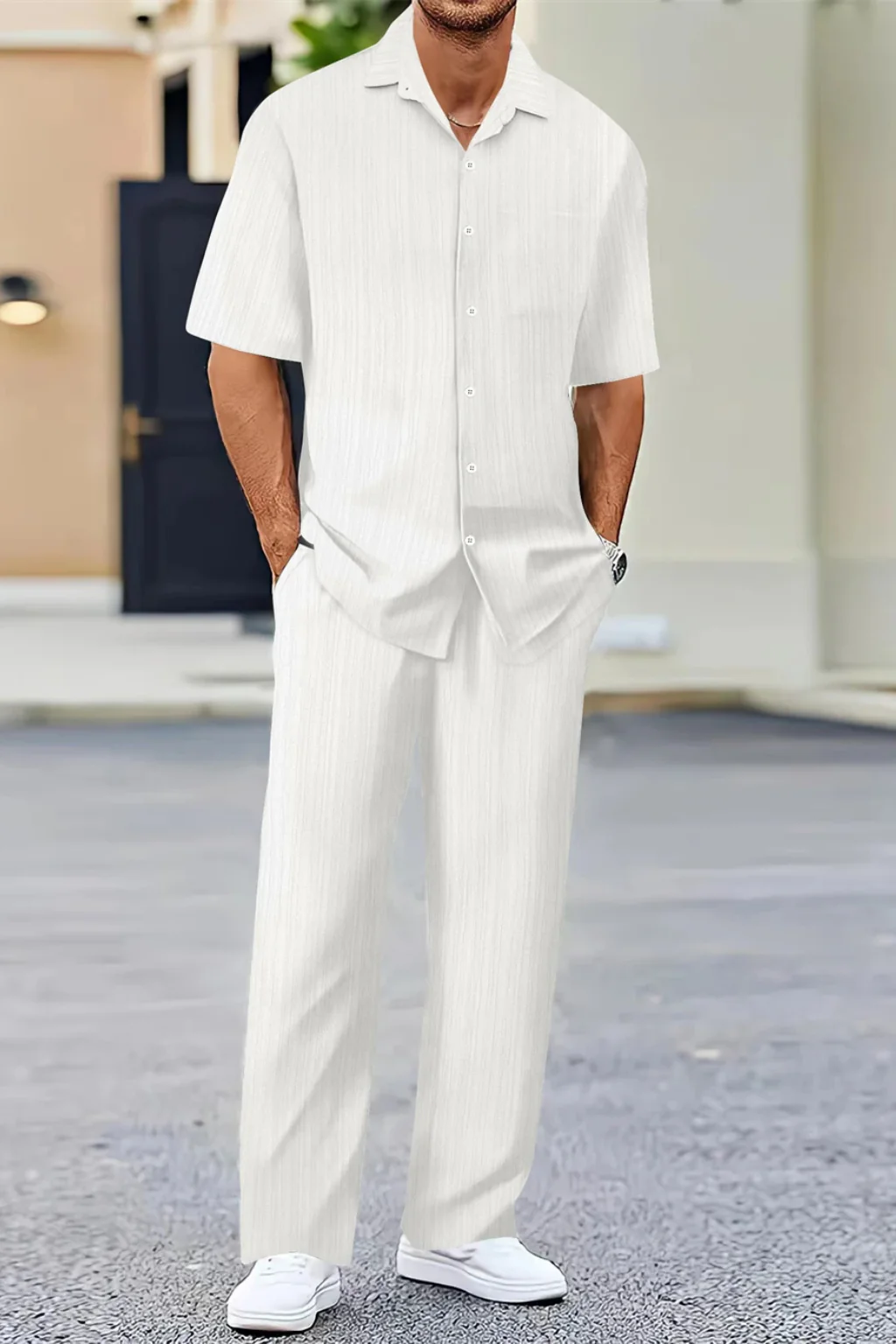 George | Men Textured Short Sleeve Shirt and Straight Leg Trousers Summer Set - Image 4
