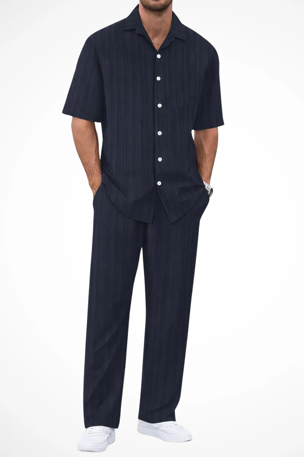 George | Men Textured Short Sleeve Shirt and Straight Leg Trousers Summer Set - Image 5