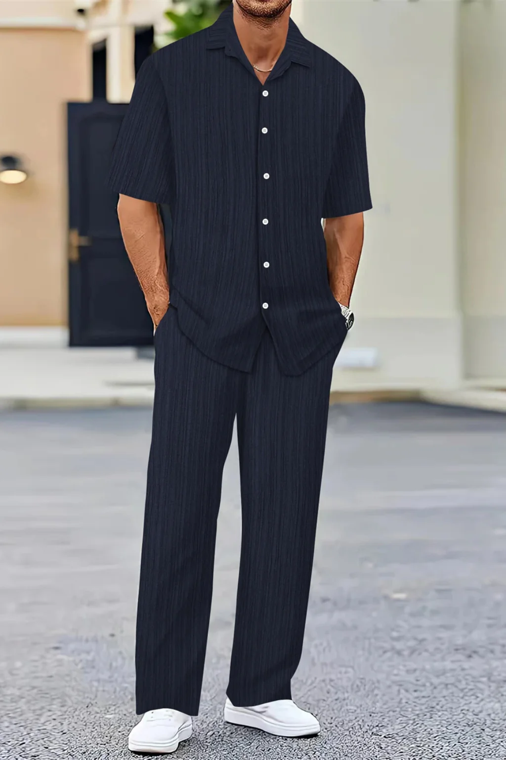 George | Men Textured Short Sleeve Shirt and Straight Leg Trousers Summer Set - Image 6