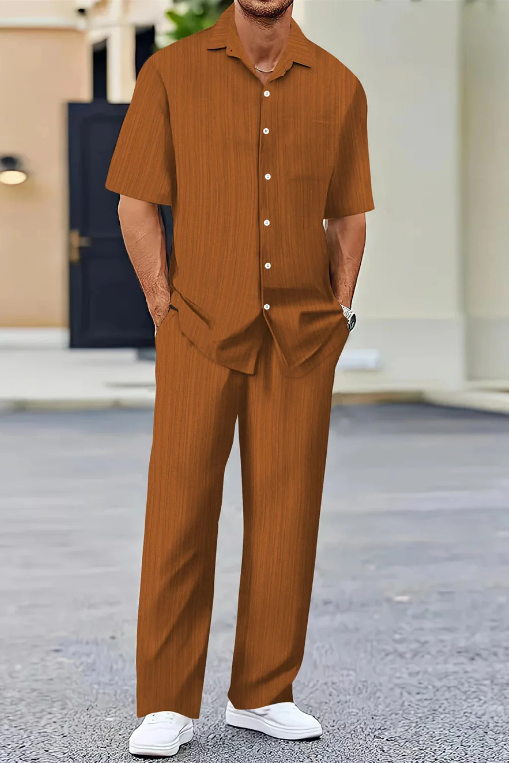 George | Men Textured Short Sleeve Shirt and Straight Leg Trousers Summer Set - Image 8