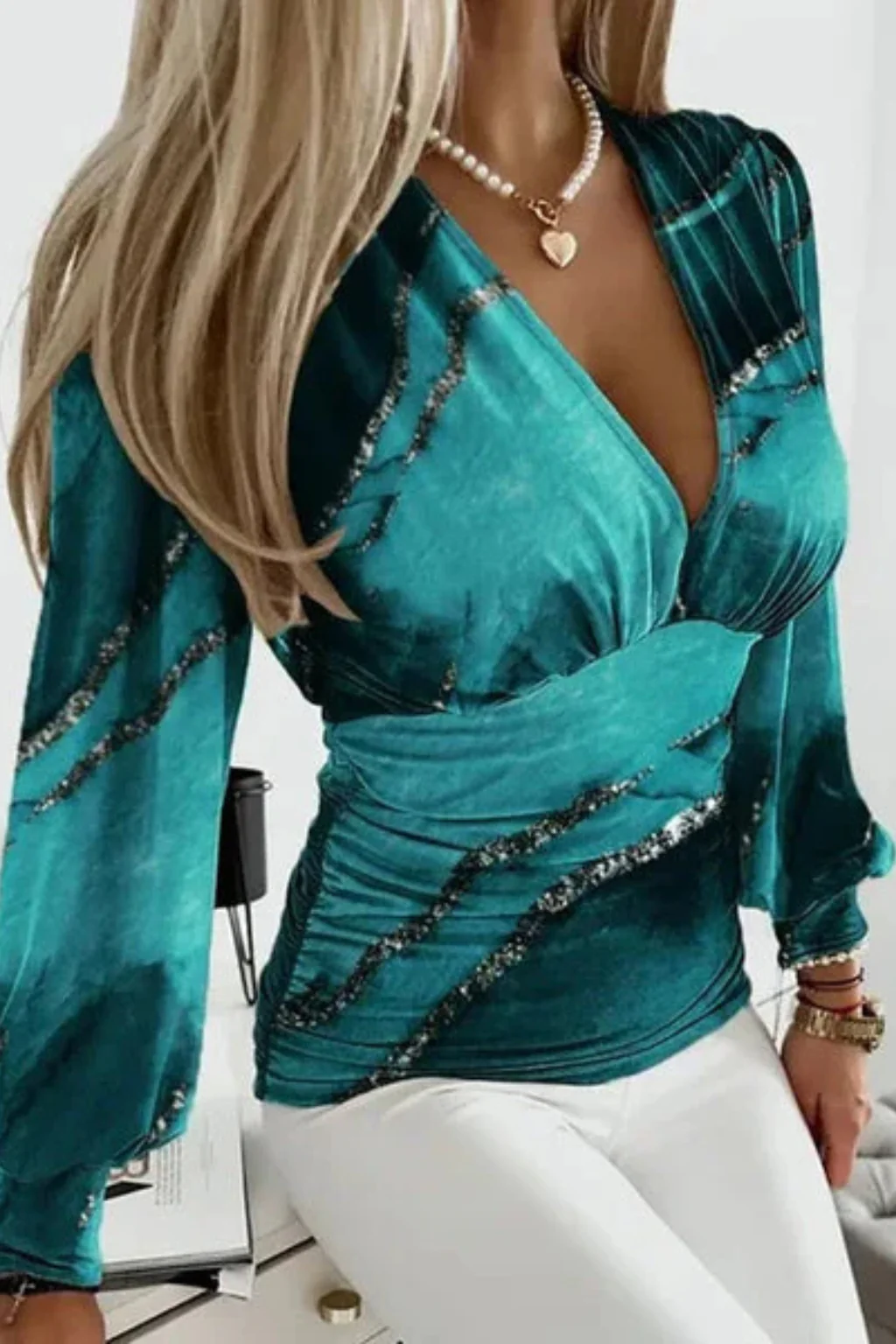 Hannah | Women Long Sleeve V Neck Fitted Blouse - Image 18