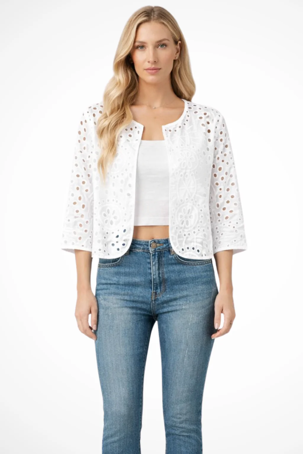 Imogen | Women Cropped Crochet Cardigan with Broderie Anglaise Detail - Image 3