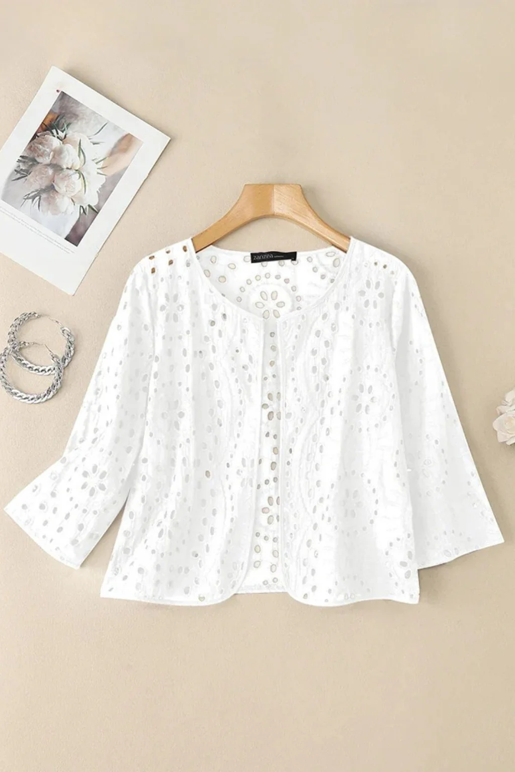 Imogen | Women Cropped Crochet Cardigan with Broderie Anglaise Detail - Image 5