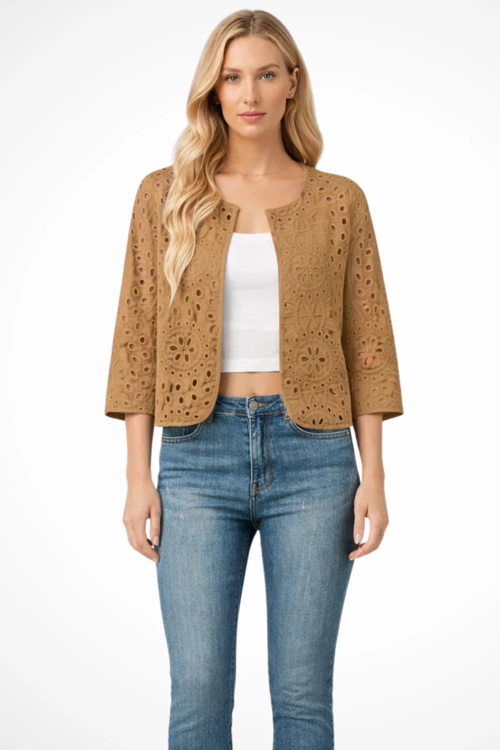 Imogen | Women Cropped Crochet Cardigan with Broderie Anglaise Detail - Image 7