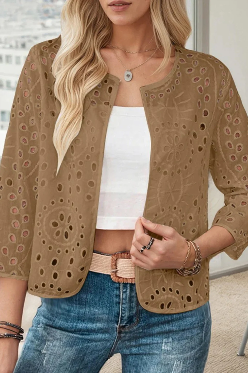 Imogen | Women Cropped Crochet Cardigan with Broderie Anglaise Detail - Image 8