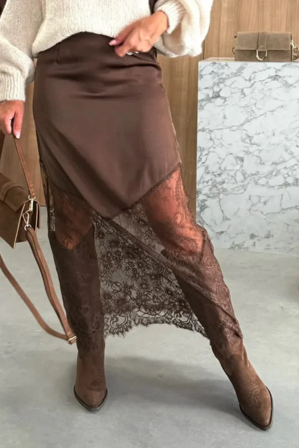 Isolde | Women Satin Lace Hem Asymmetric Maxi Skirt - Image 3