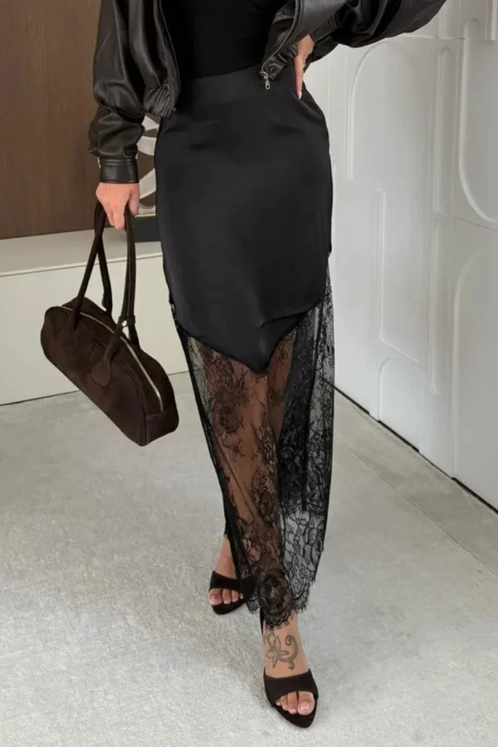 Isolde | Women Satin Lace Hem Asymmetric Maxi Skirt - Image 7