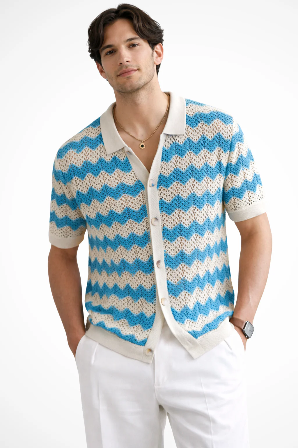 Jimmy | Men Short Sleeve Button Front Zigzag Crochet Knit Polo Shirt - Image 4