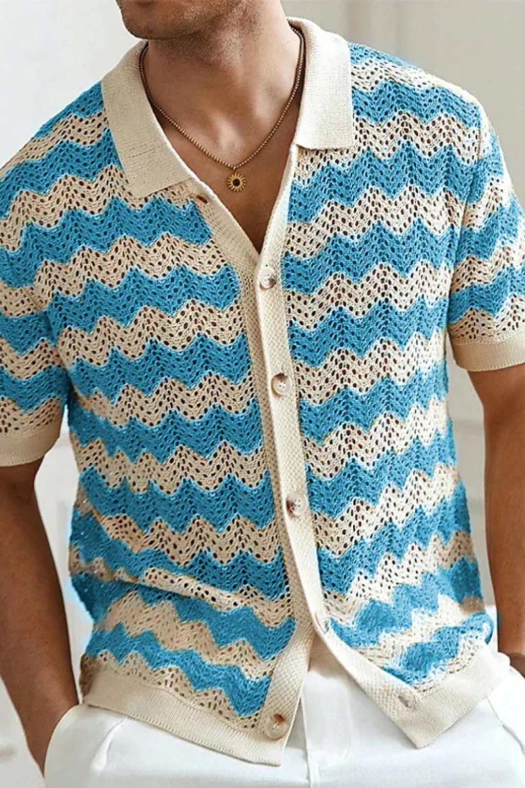Jimmy | Men Short Sleeve Button Front Zigzag Crochet Knit Polo Shirt - Image 6
