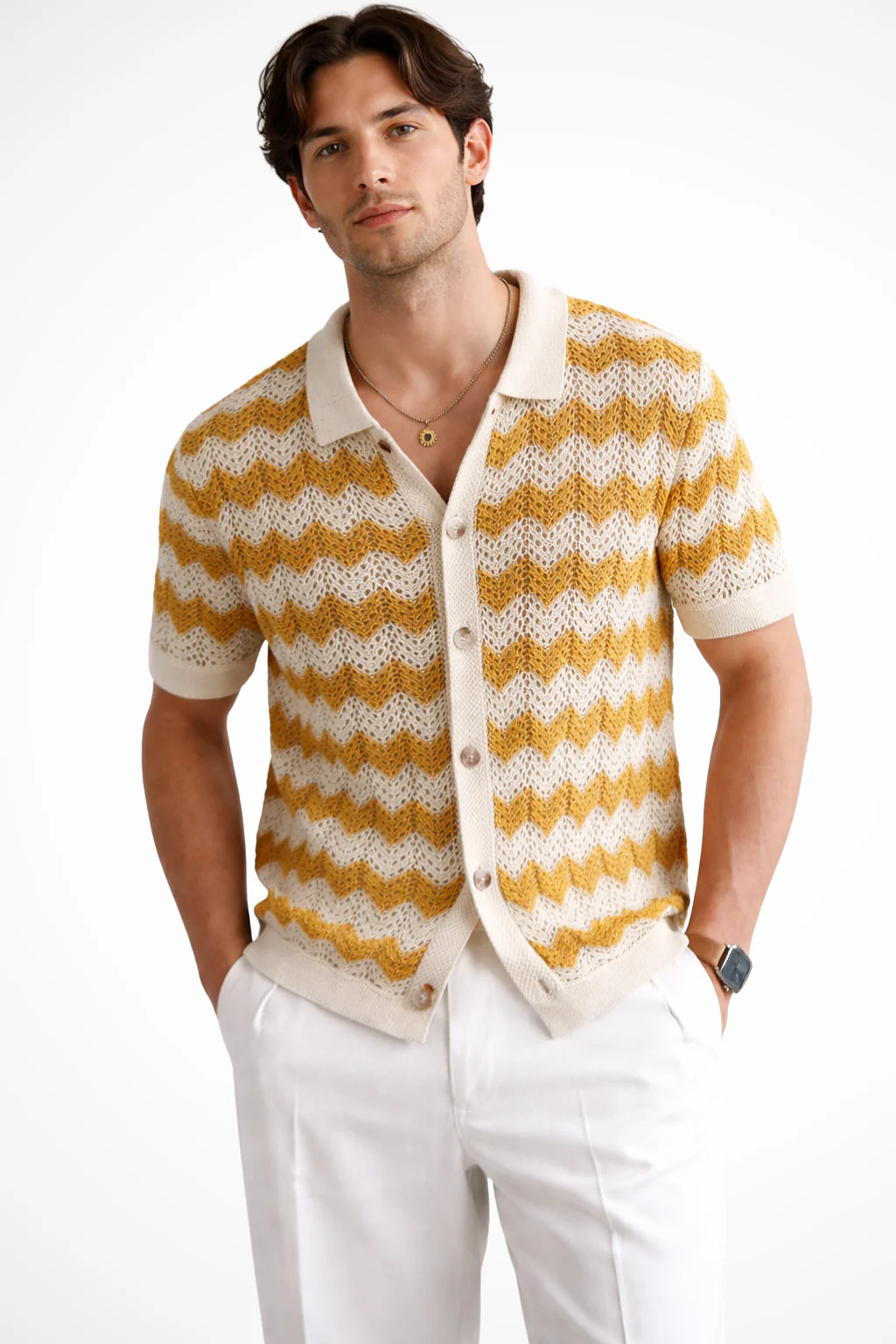 Jimmy | Men Short Sleeve Button Front Zigzag Crochet Knit Polo Shirt - Image 7
