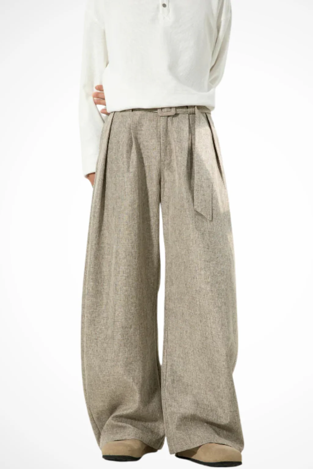 Ledger | Men High Waist Pleated Wide Leg Trousers with Adjustable Belt - Image 5